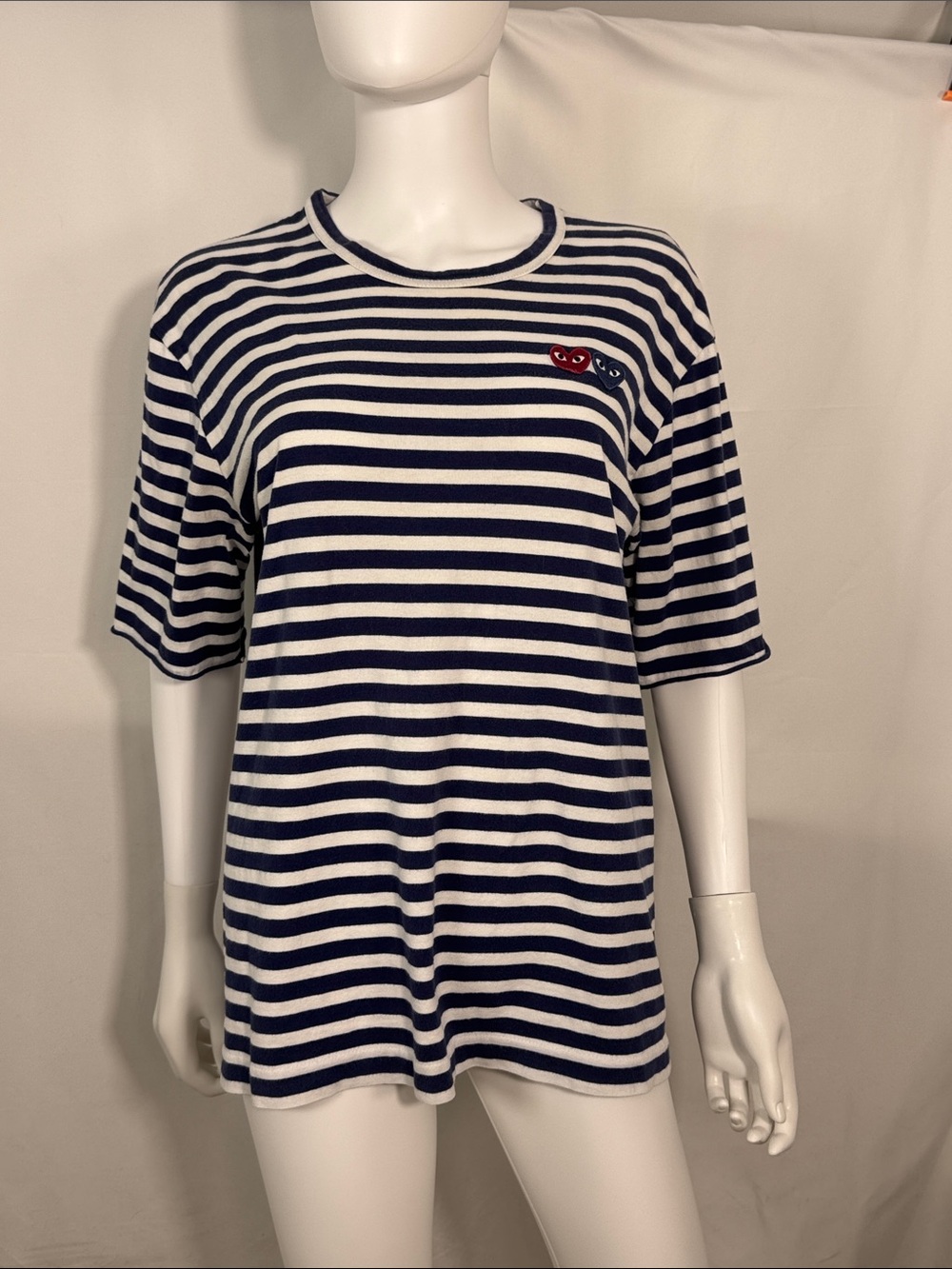 Comme des Garcons PLAY Striped Double Heart Logo T-Shirt Navy White M/L